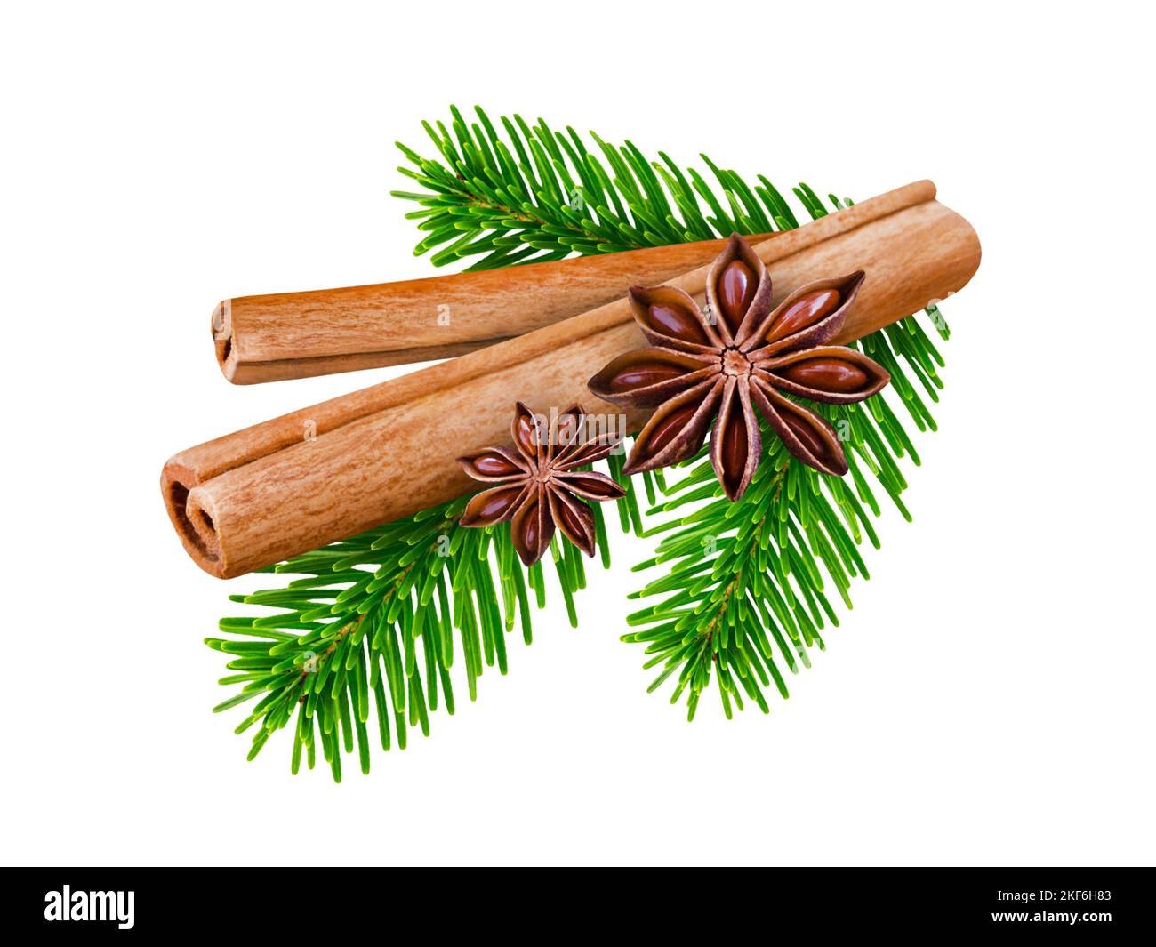 Cinnamon sticks and star anise with fir branches isolated on white background Stock Photo