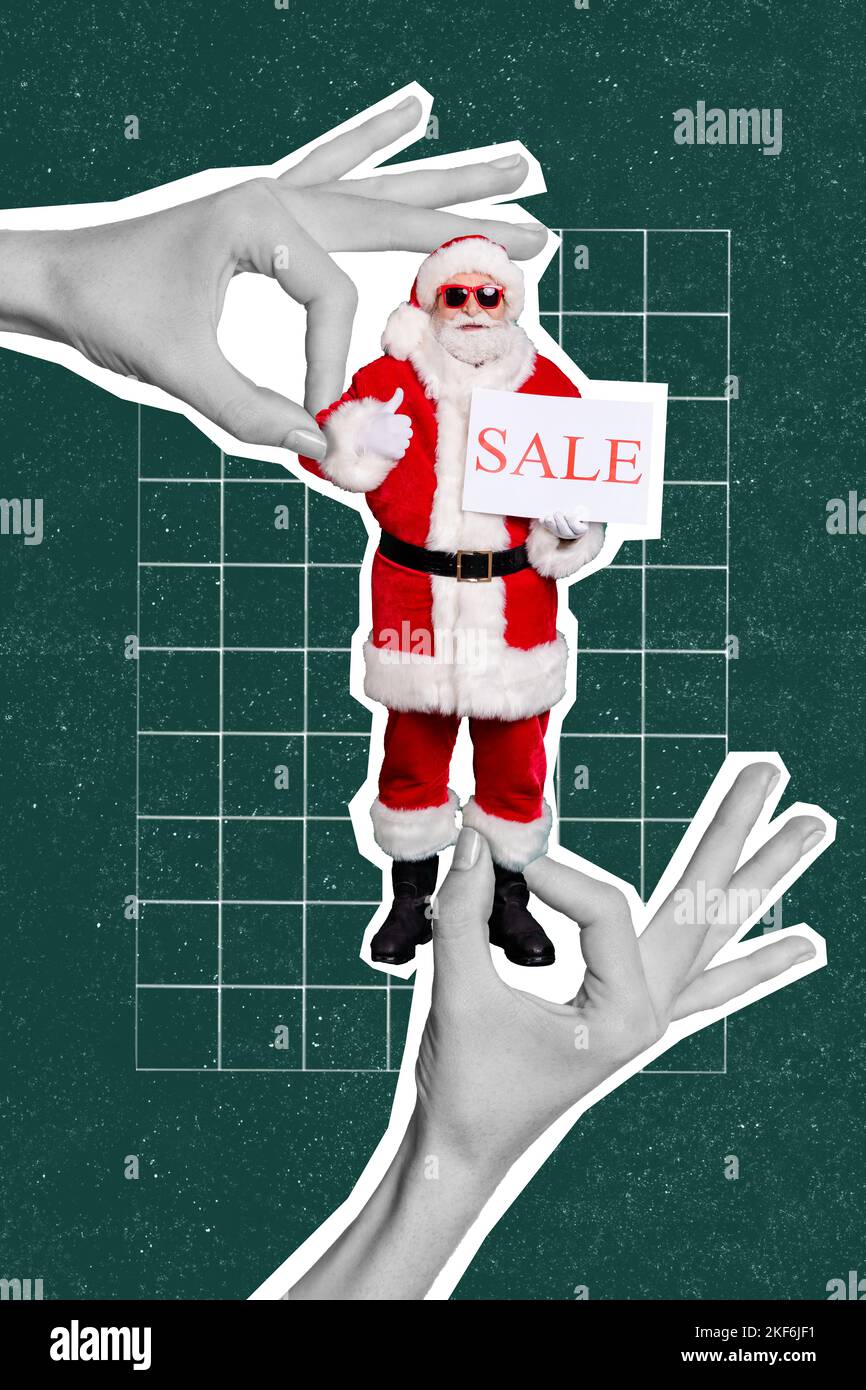 Vertical creative collage image of arms holding little santa claus costume sale plate shopping discount photorealism weird freak bizarre Stock Photo
