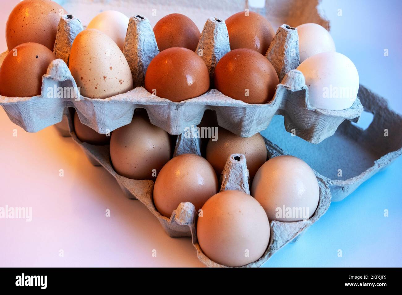 Organic chicken eggs in paper egg box with compartments. Eggs contain