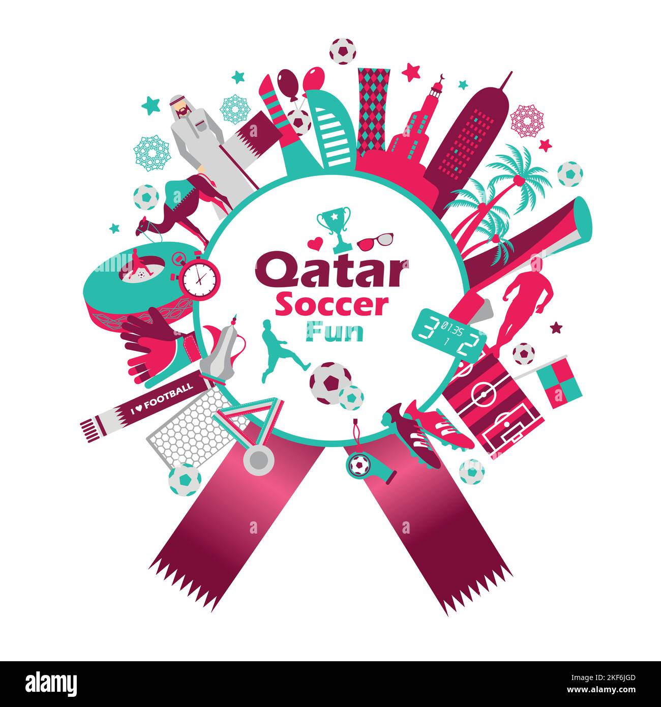 Football sports competition, Qatar tourist icon set. Doha background in color national flag. National day. Middle eastern football. Frame layout. Stock Vector