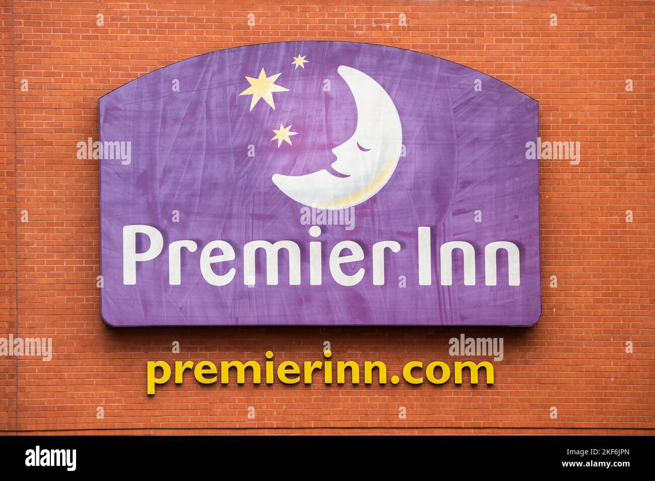 Premier Inn logo/sign on a Premier Inn hotel in Coventry, West Midlands, UK. Stock Photo