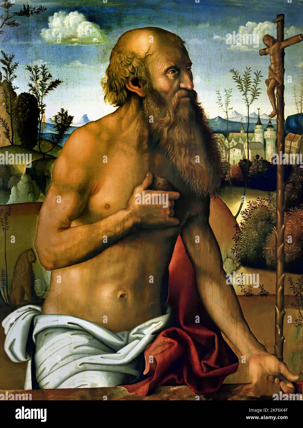 Saint Jerome penitence - oil on panel 1500-1510 by Marco Meloni 1500-1540,  Italy, Italian, Jerome,  342 –  347 AD, Hermit ,Doctor, of the Church, also known as, Jerome of Stridon, was a priest, confessor, theologian,  historian, known as Saint Jerome, Stock Photo