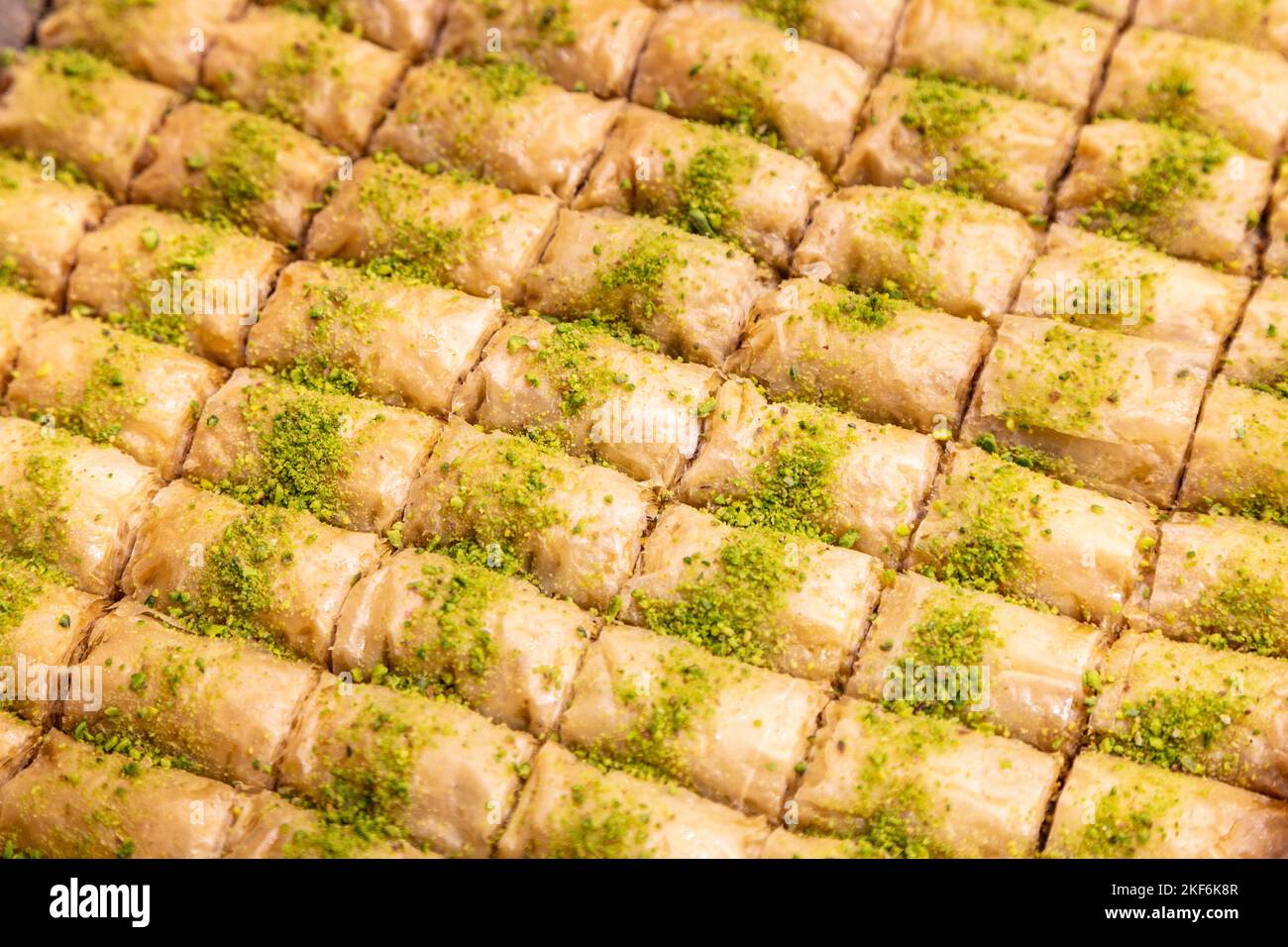 Tray of Middle Eastern pistachio baklava pastries Stock Photo
