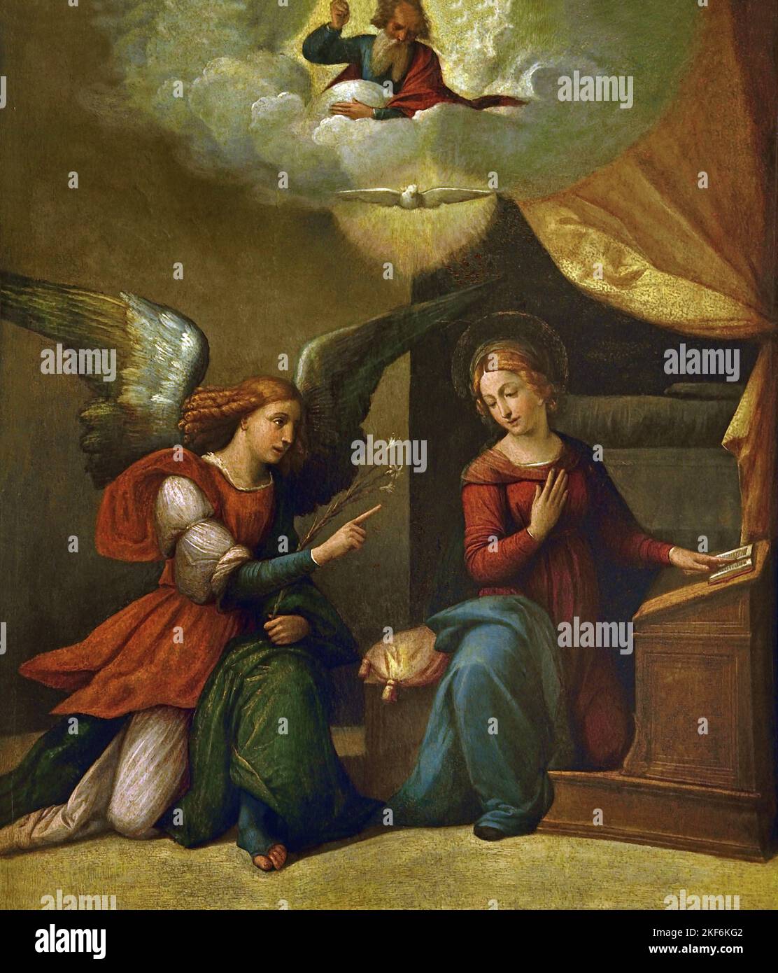 Annunciation - oil on panel 1520 - 1530, Garofalo workshop Garofalo - Benvenuto Tisi (or Il Garofalo) (1481 – 1559 Italy Italian Annunciation ,represents the biblical story, in which, Archangel Gabriel, announces to the ,Virgin Mary, that she has been chosen to be the, mother of Jesus, birth of Christ, Stock Photo
