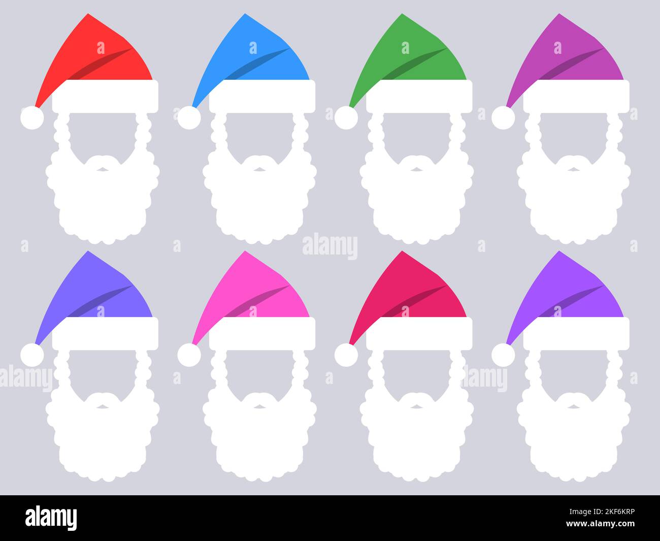 Hat and beard of Santa Claus collection. Set of icons of multicolored hats and beards of Santa Claus. Xmas design for greeting cards, posters and bann Stock Vector