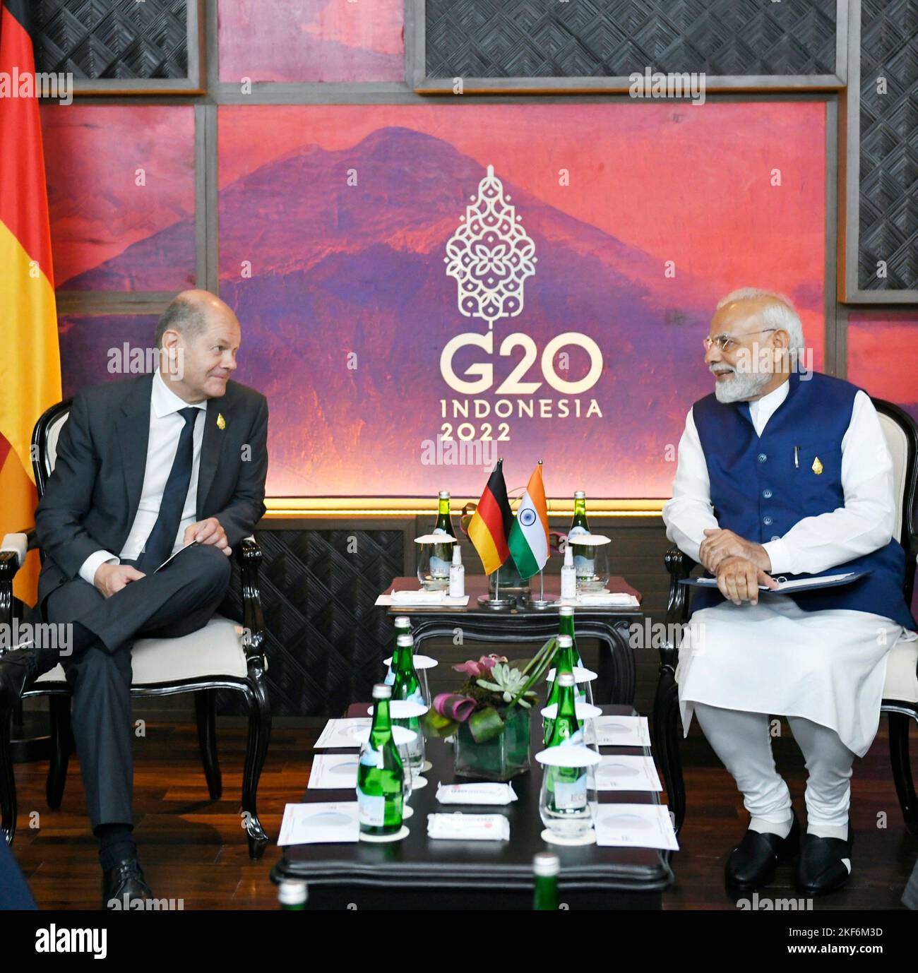 Nusa Dua, Indonesian. 16th Nov, 2022. Nusa Dua, Indonesian. 16 November, 2022. Indian Prime Minister Narendra Modi, right, holds a face-to-face bilateral meeting with German Chancellor Olaf Scholz on the sidelines of the G20 Leaders Summit, November 16, 2022, in Bali, Indonesia. Credit: Press Information Bureau/PIB Photo/Alamy Live News Stock Photo
