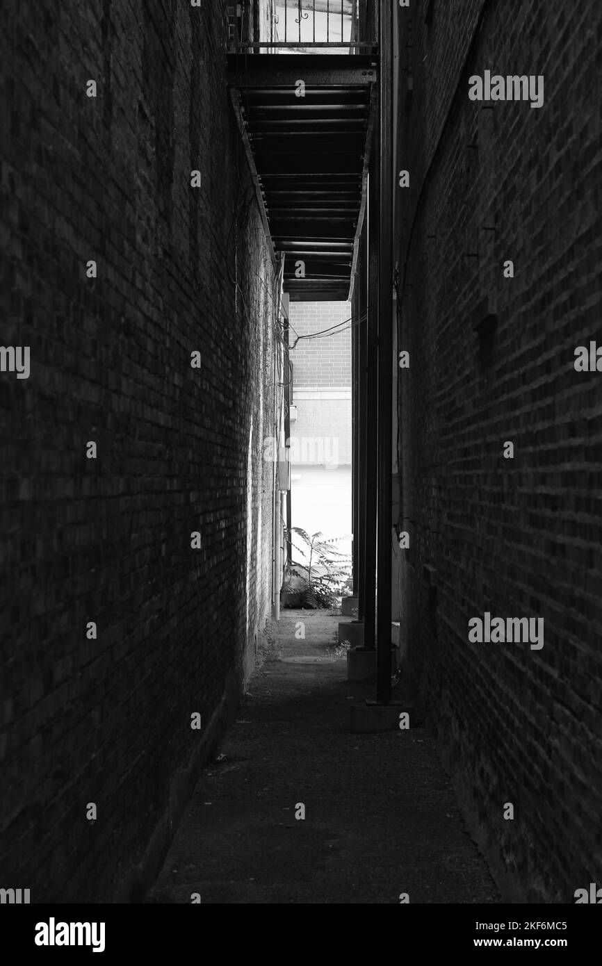 A typical common back alley between two urban buildingsin a black and