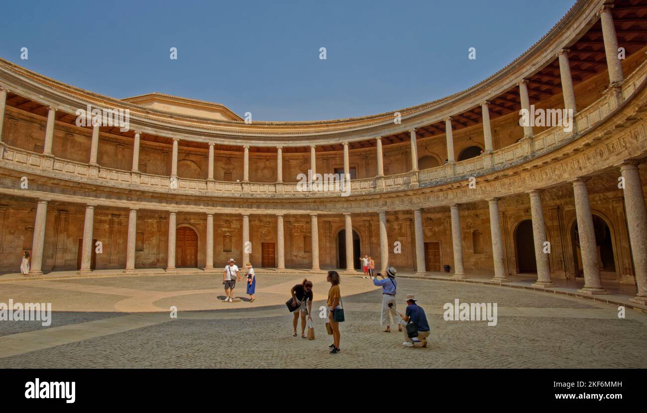 Interior courtyard of the Palace of Charles 5th of Spain situated within the Nasrid Palace complex at Granada, Spain. Stock Photo