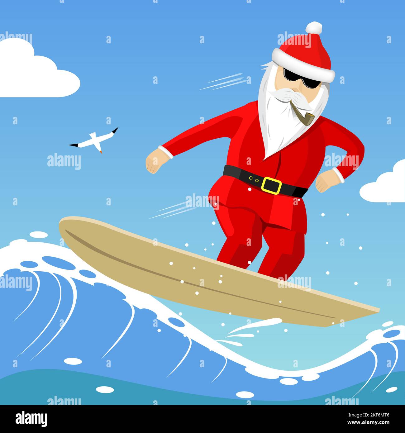 Santa claus rides the wave on the surf Stock Vector