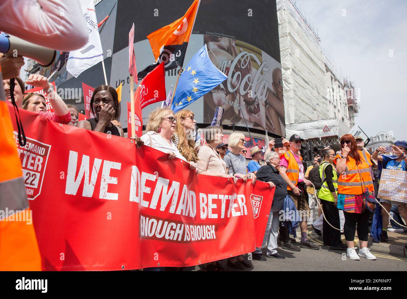 Angela Rayner MP of Labour Party is seen behind a banner as participants march during ‘We demand better’ demonstration called by the TUC in London. Stock Photo