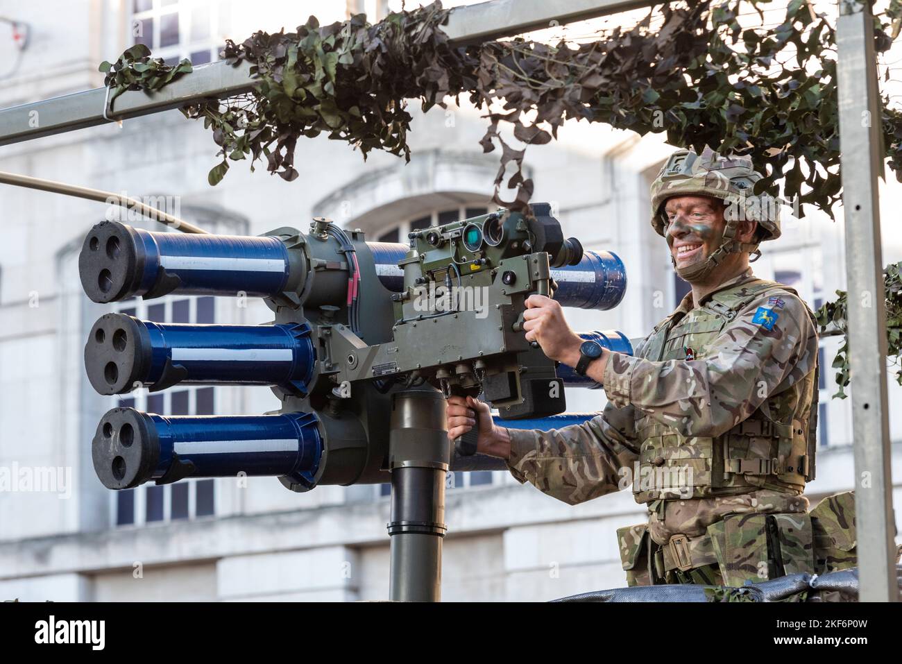 106 (Yeomanry) Regiment Royal Artillery at the Lord Mayor's Show parade in the City of London, UK. Starstreak HVM (High Velocity Missile) system Stock Photo