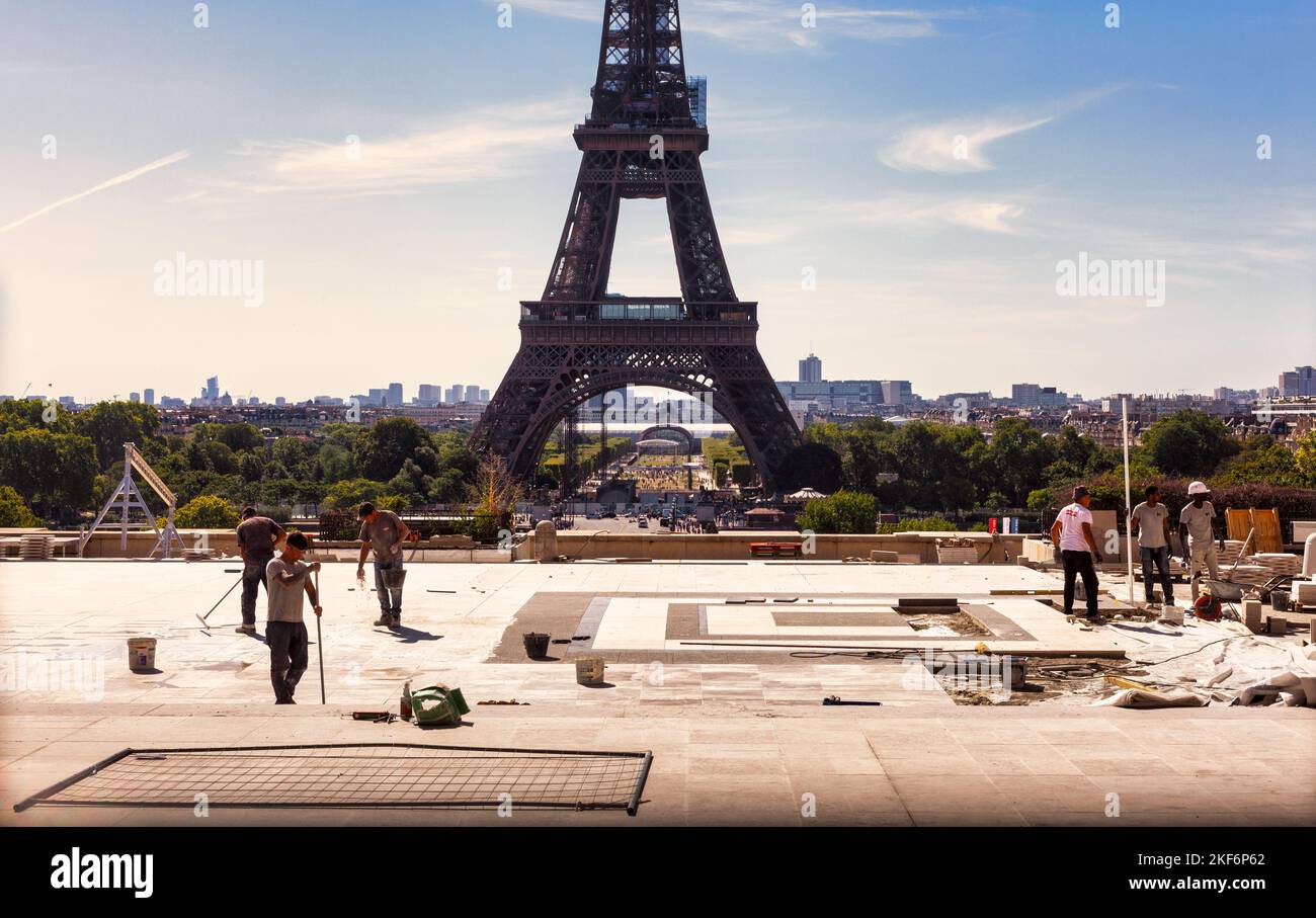 Paris, France July 16, 2022 Construction worker in the Trocadero