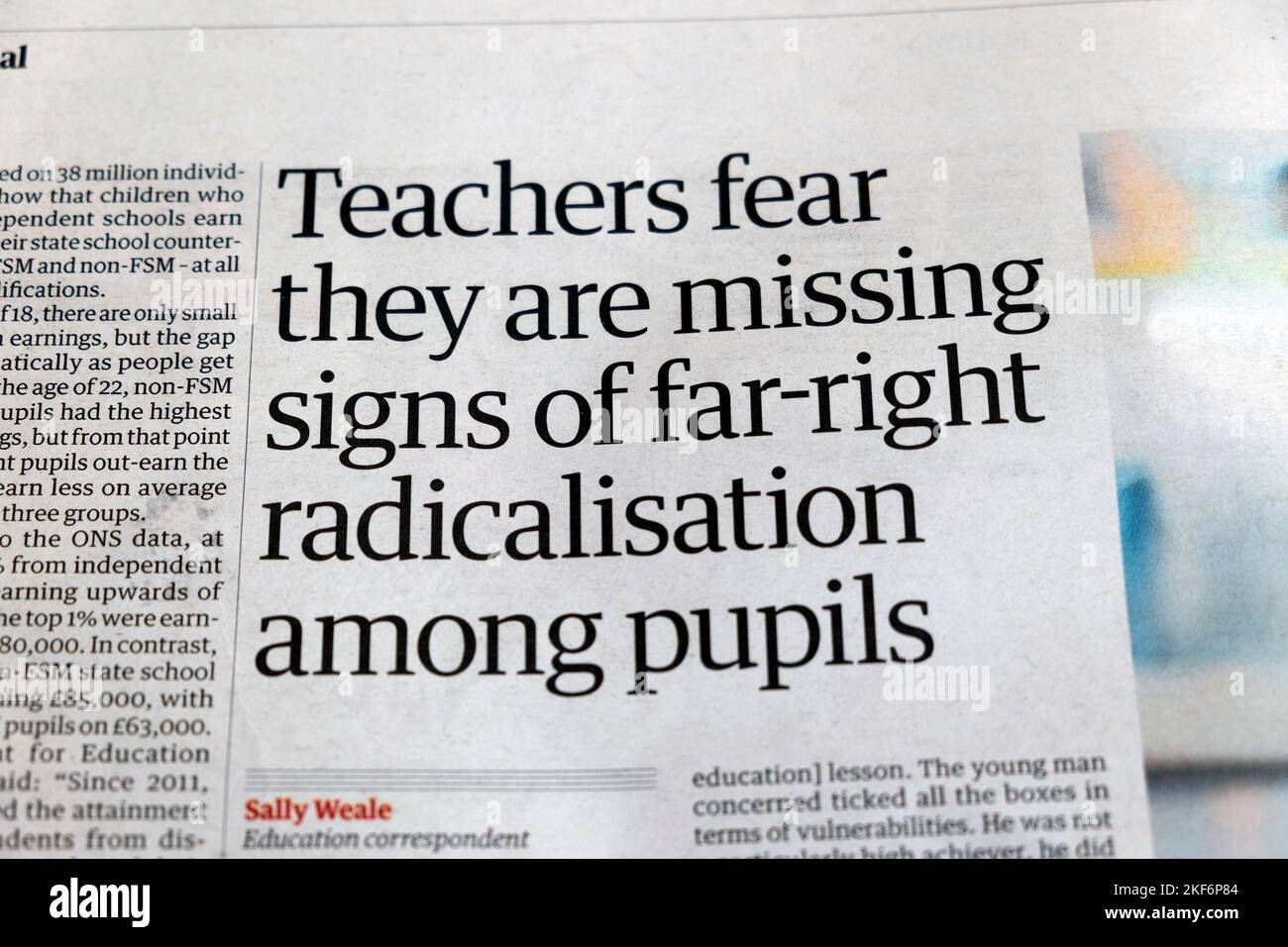 'Teachers fear they are missing signs of far-right radicalisation among pupils' Guardian newspaper headline education clipping 5 August 2022 London UK Stock Photo