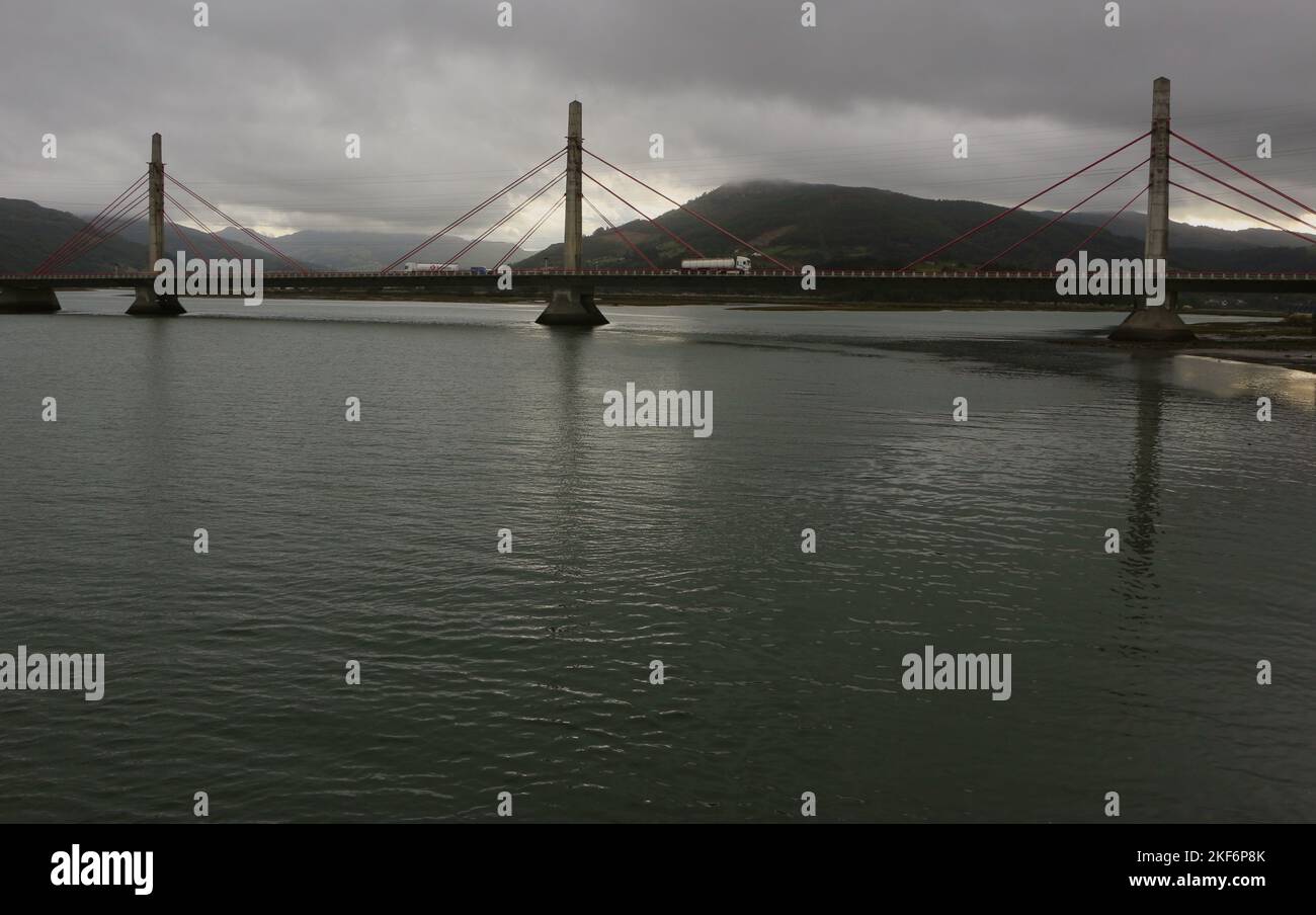 Viaduct cable-stayed A-8 motorway bridge over the estuary of the river Ason built in 1993 by Alatec, S.A. Colindres Cantabria Spain Stock Photo