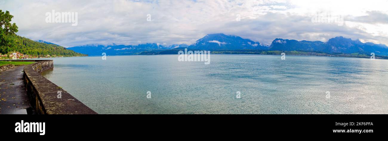 Panoramic view of Lake Thun, swiss Alps, Switzerland Stock Photo