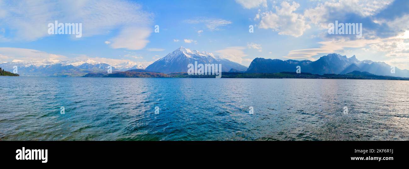 Panoramic view of Lake Thun, swiss Alps, Switzerland Stock Photo