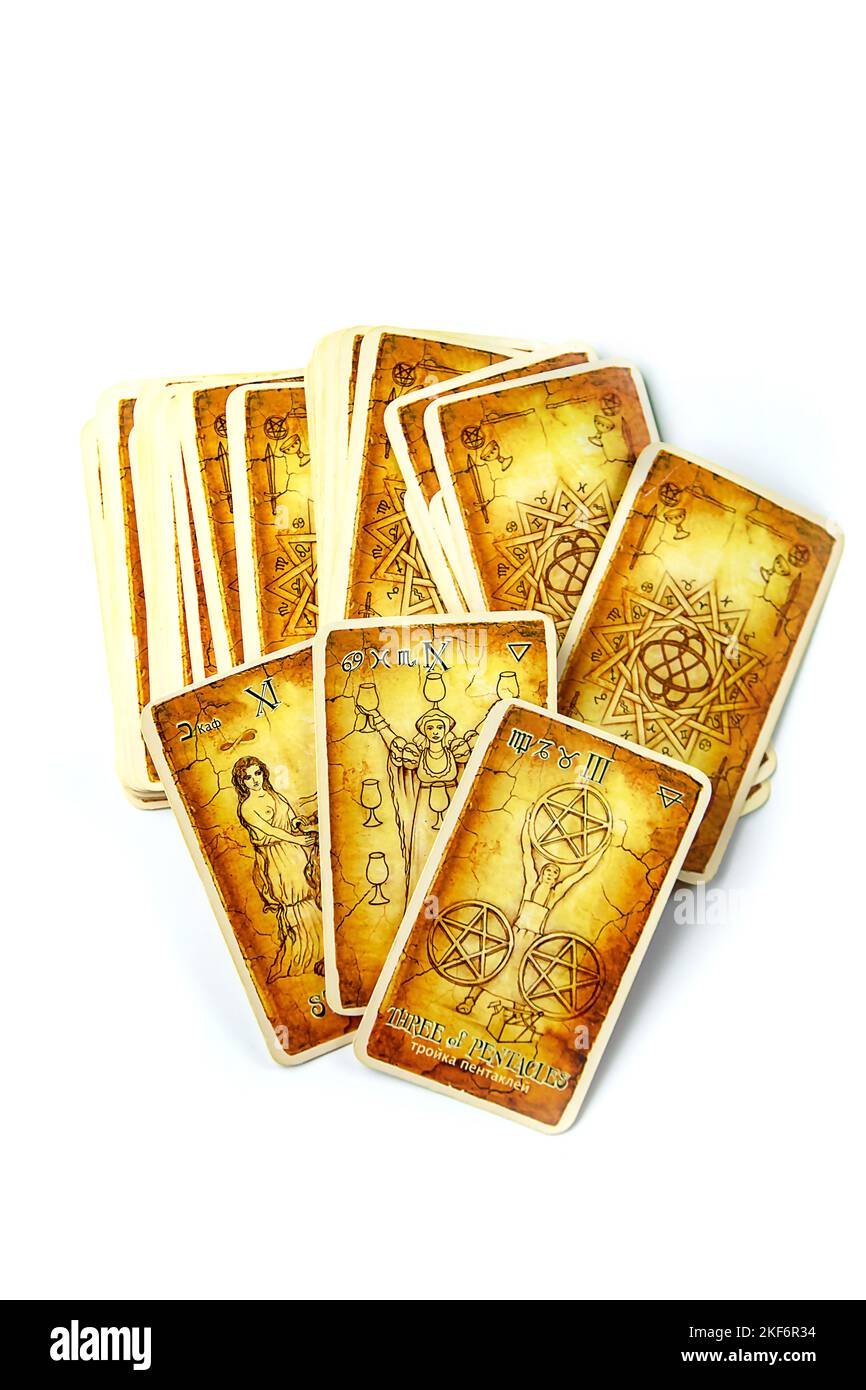 Tarot cards isolate on white background. Selective focus. Food. Stock Photo