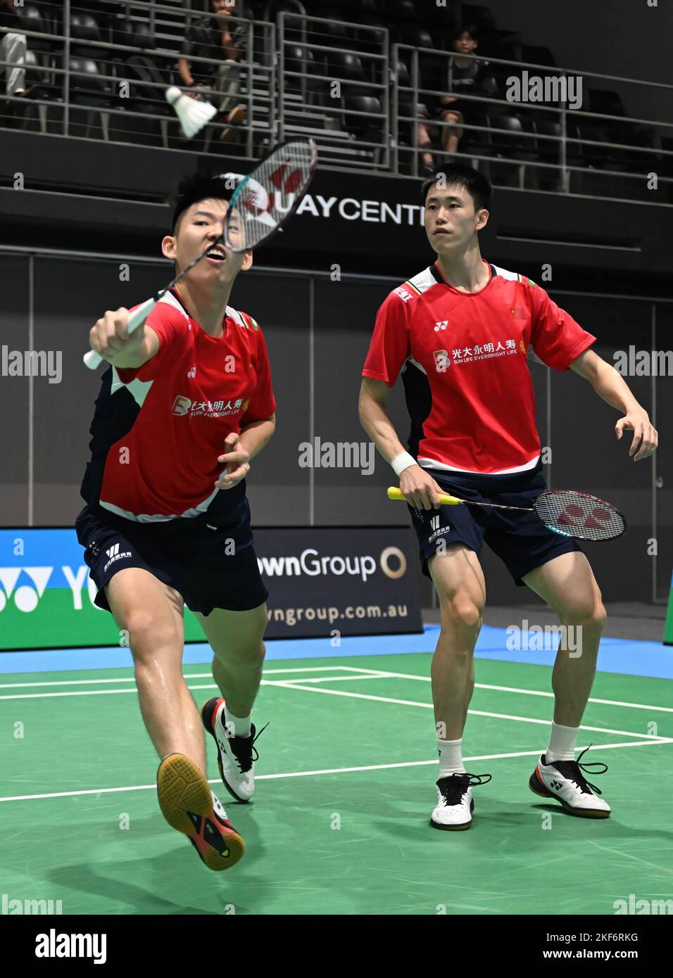 Sydney, Australia. 16th Nov, 2022. Liu Yu Chen (L) and Ou Xuan Yi (R) of China are seen during the 2022 SATHIO GROUP Australian Badminton Open Round of 32 Men's Double match against Ren Xiang Yu and Tan Qiang of China. Liu and Ou won the match 21-18, 21-12. (Photo by Luis Veniegra/SOPA Images/Sipa USA) Credit: Sipa USA/Alamy Live News Stock Photo