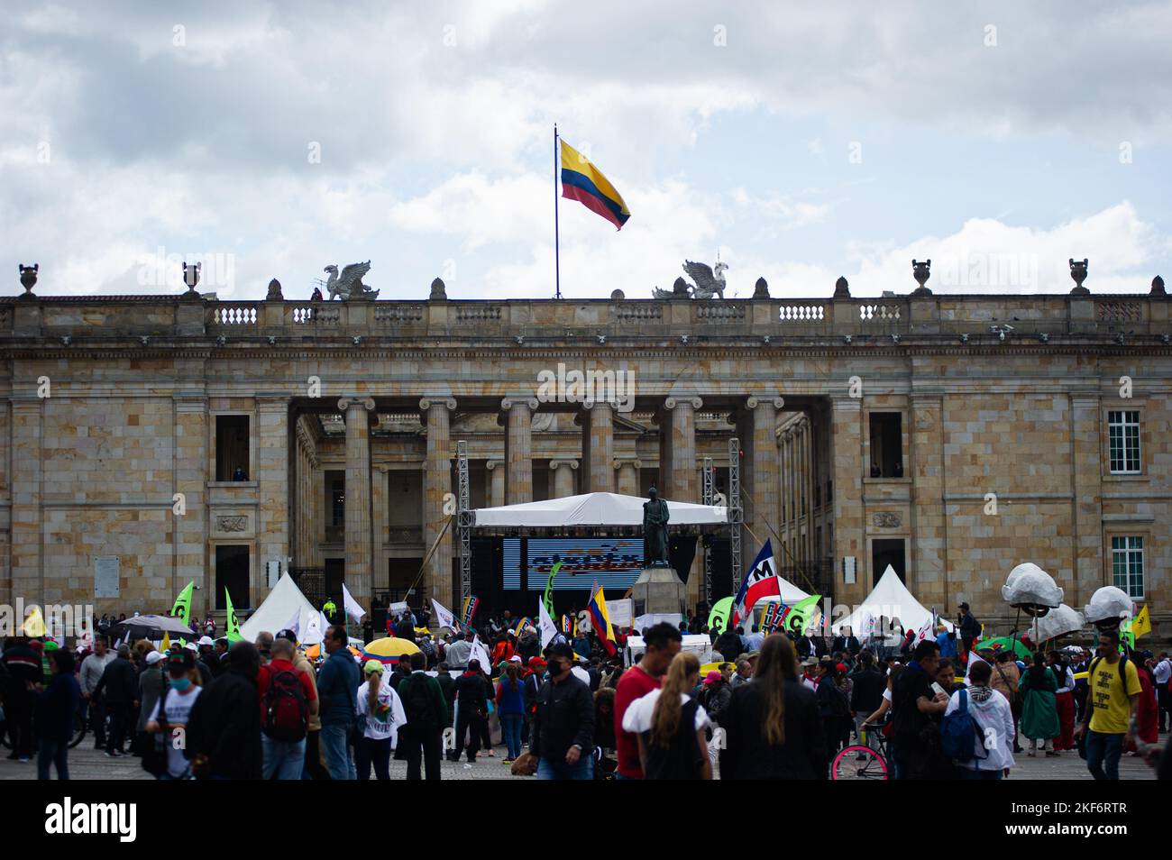 Pro-Government supporters parade for the first 100 days of Gustavo Petro leftist  government in office, in Bogota, Colombia on November 15, 2022. Stock Photo