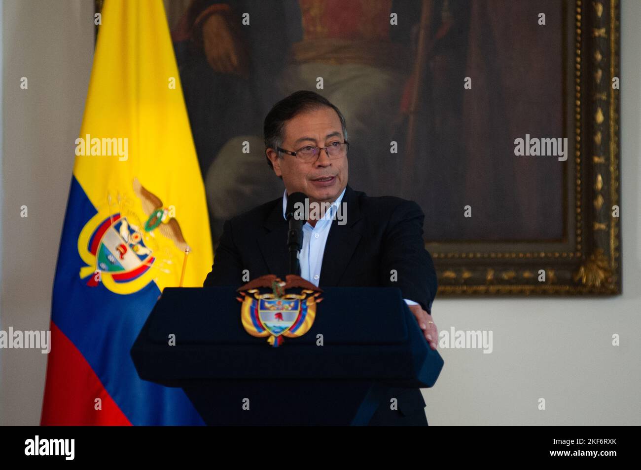 Colombian president Gustavo Petro speaks during a press conference about the first 100 days of his government in office, in Bogota, Colombia on Novemb Stock Photo