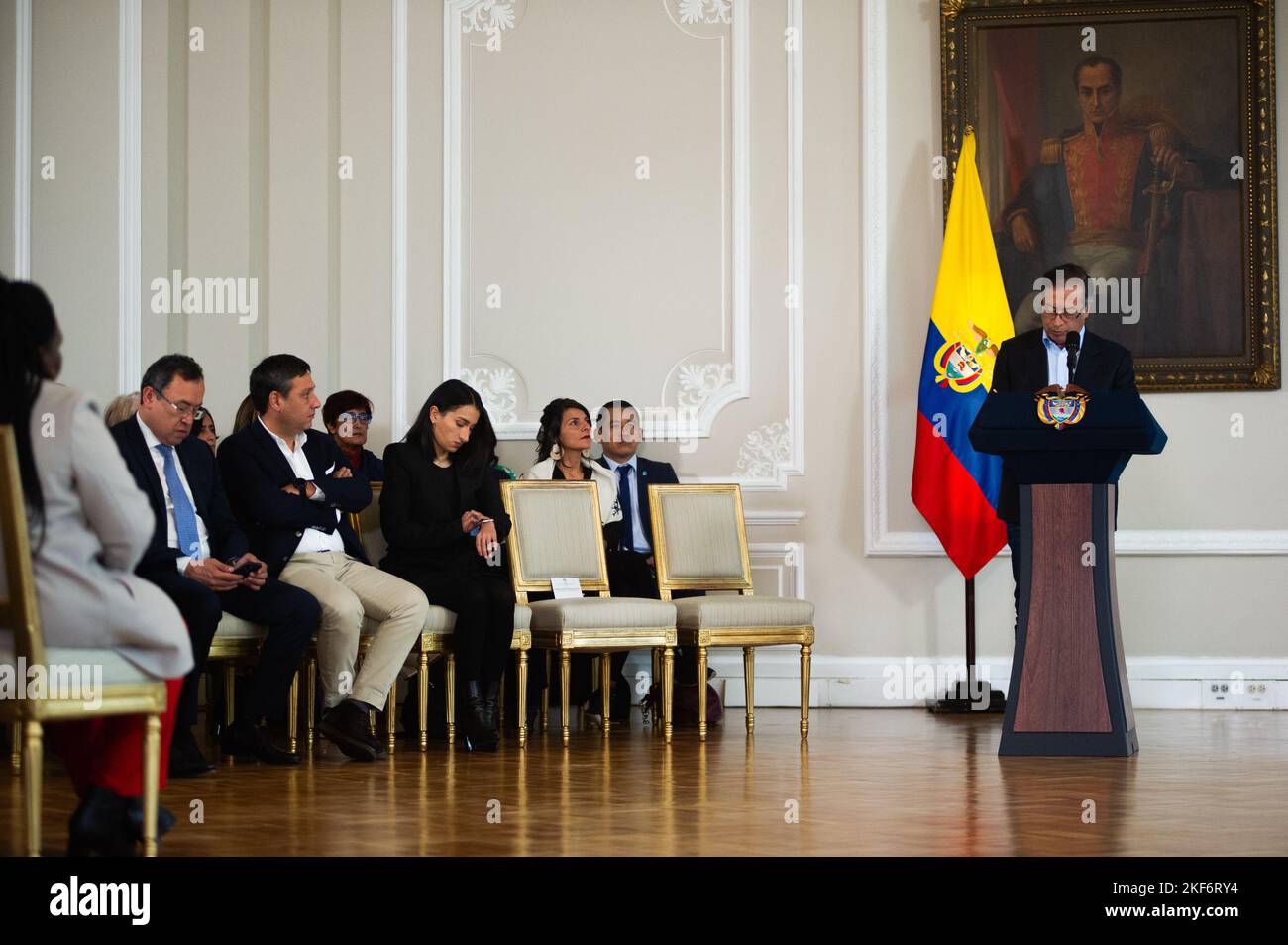 Colombian president Gustavo Petro speaks during a press conference about the first 100 days of his government in office, in Bogota, Colombia on Novemb Stock Photo