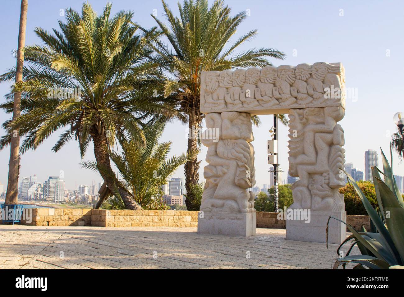 3 November 2022 The Gate of Faith monument standing in Peak Park in Old Jaffa Israel. The statue consists of 2 4 metre sculpted pillars upon which res Stock Photo