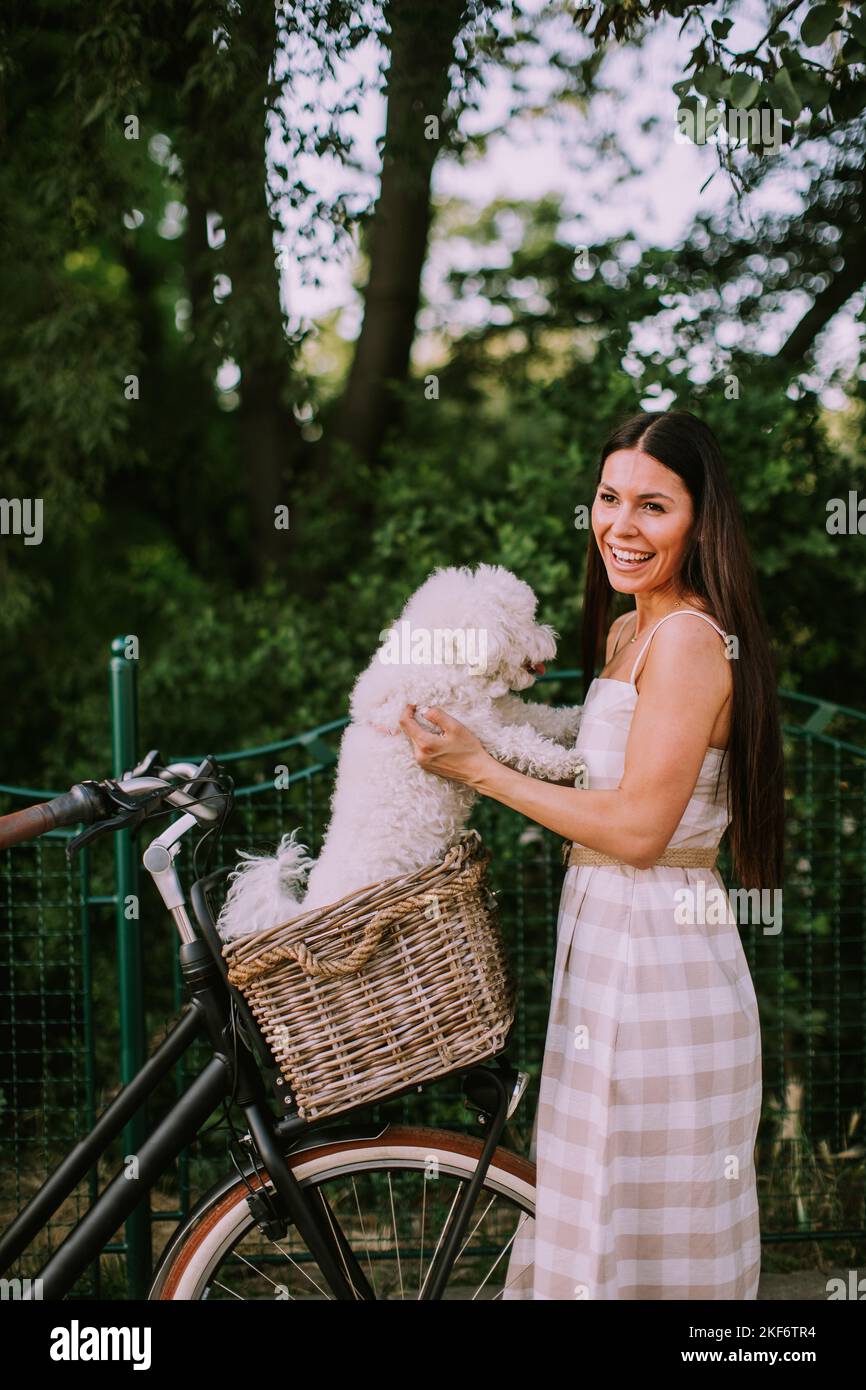 Pretty young woman putting white bichon frise dog in the basket of