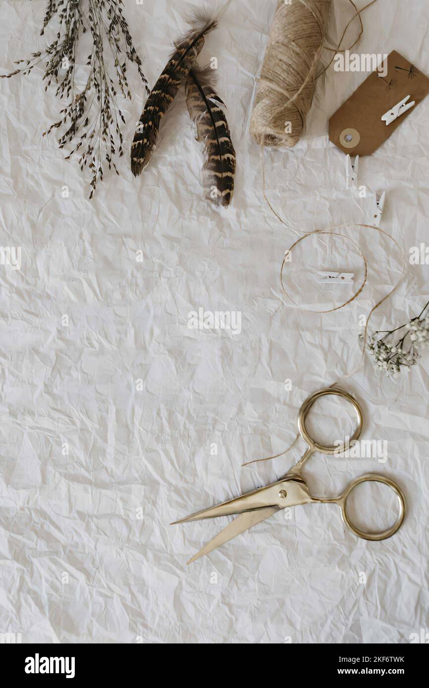 Wrapping paper, cord, scissors Stock Photo Alamy