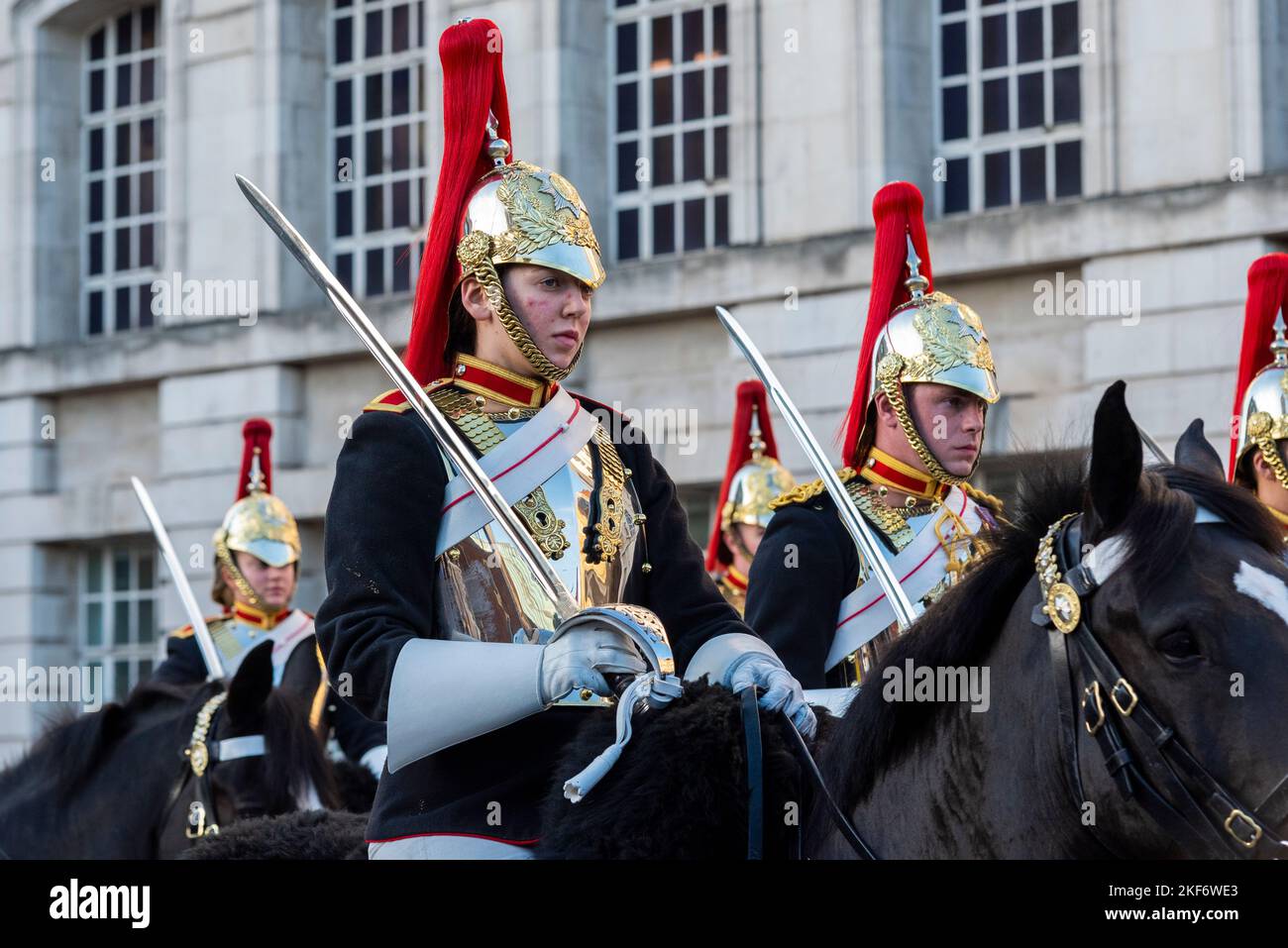The Blues and Royals of the The Household Cavalry at the Lord Mayor's Show parade in the City of London, UK. Female soldier riding on horseback Stock Photo