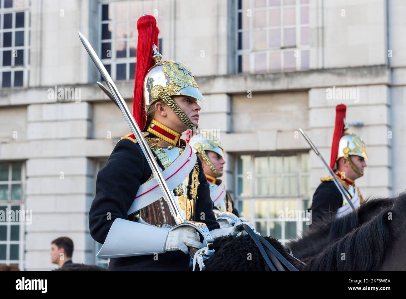 The Blues and Royals of the The Household Cavalry at the Lord Mayor's Show parade in the City of London, UK. Female soldier Stock Photo