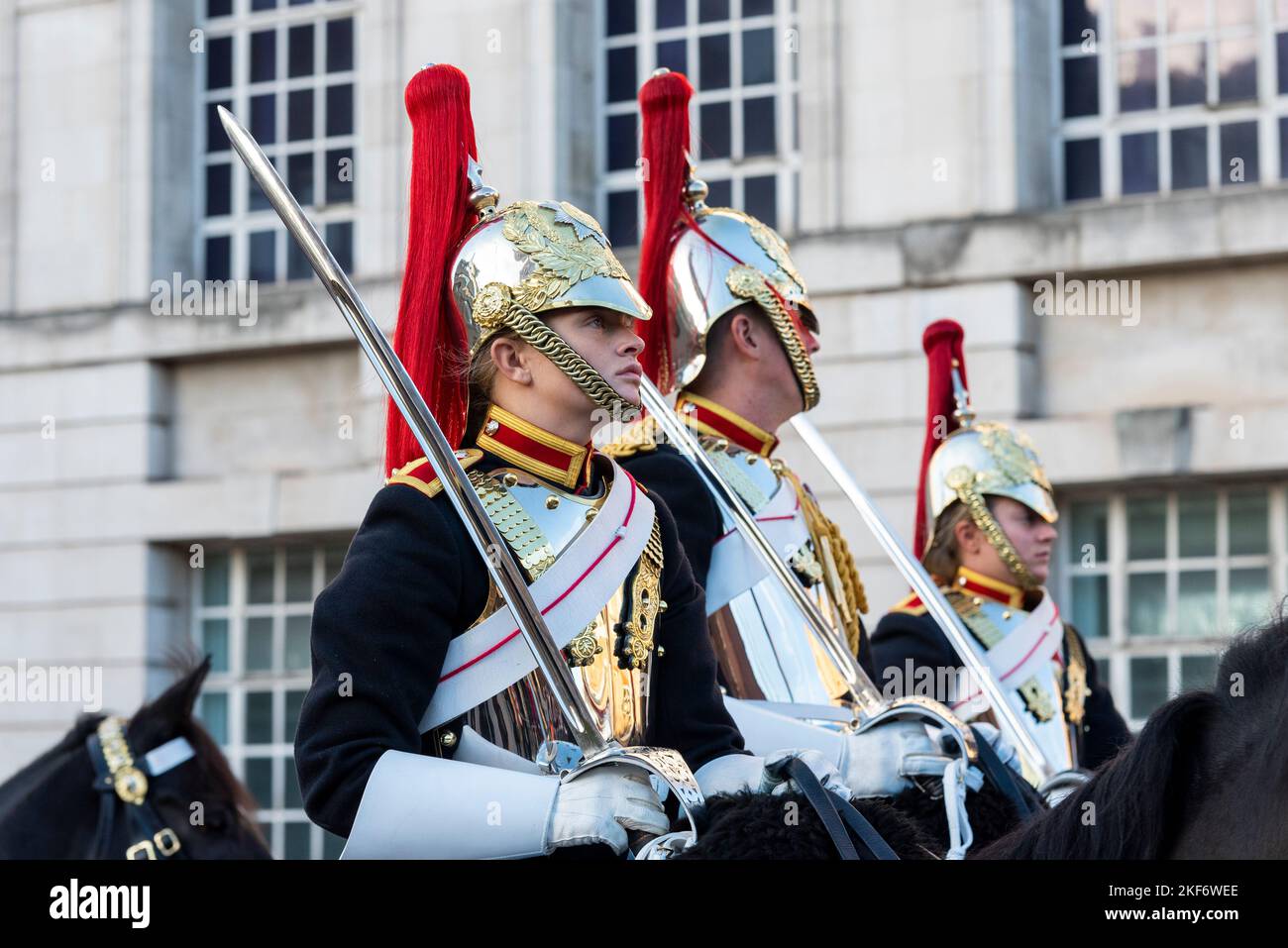 The Blues and Royals of the The Household Cavalry at the Lord Mayor's Show parade in the City of London, UK. Female soldier riding Stock Photo