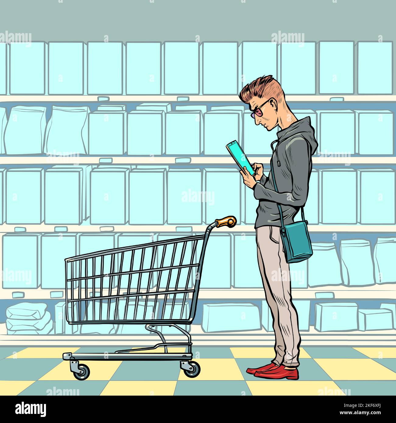 A young man with a grocery cart in the store looks at the phone. Online product selection. Electronic commerce Stock Vector