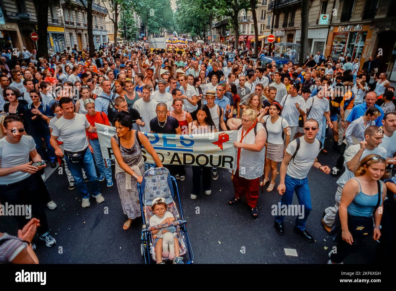 Paris, France, Crowd , AIDES NGO, Aids Activists Protesting  with Signs at Gay Pride, LGBTQI+, aids 1990s Stock Photo