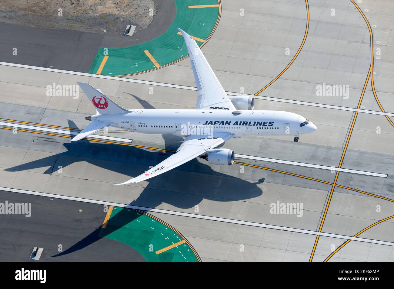 Japan Airlines Boeing 787-8 Dreamliner aircraft taking off with wing flex. Airplane B787 of JAL Airlines departing. Plane JA843J during take off. Stock Photo