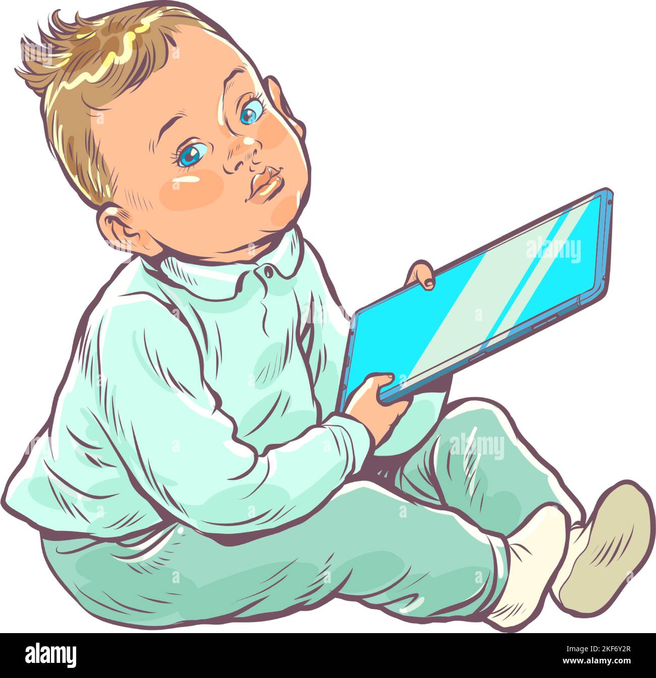 kid and electronic tablet, small child with gadget. Internet and new technologies. Applications for children Stock Vector