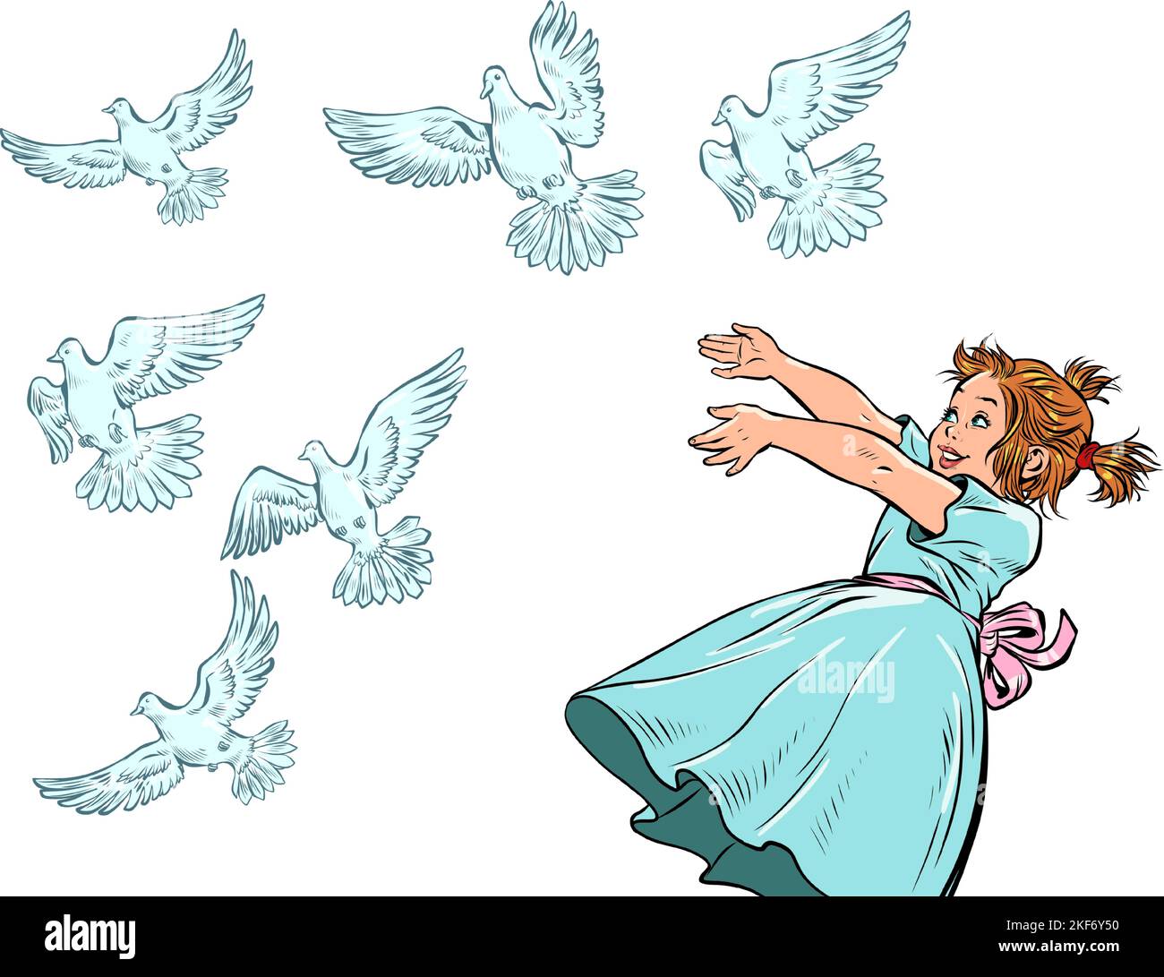 Little girl and white doves. A symbol of peace. Animals and children Stock Vector