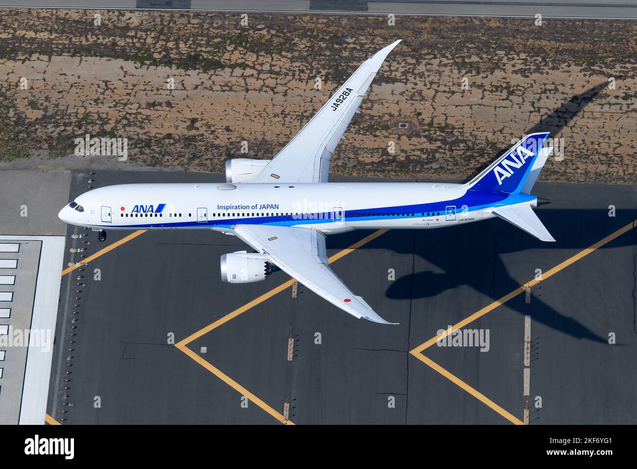 All Nippon Airways Boeing 787 Dreamliner aircraft about to land on runway. Airplane 787-9 of All Nippon, ANA registered as JA928A on final approach. Stock Photo