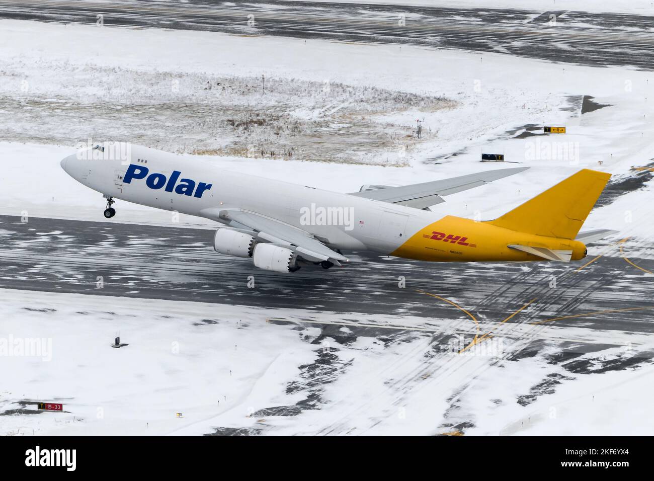 Polar Air Cargo Boeing 747-8F aircraft taking off at Anchorage Airport. Airplane 747-8 for cargo transport of Polar Air upon departure. Plane N858GT. Stock Photo