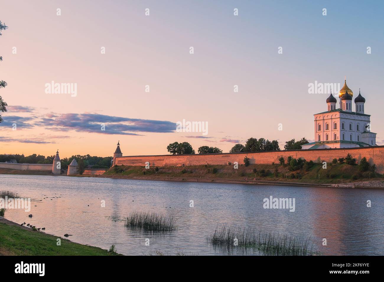 View of the walls of ancient Pskov Kremlin and the Trinity Cathedral Stock Photo