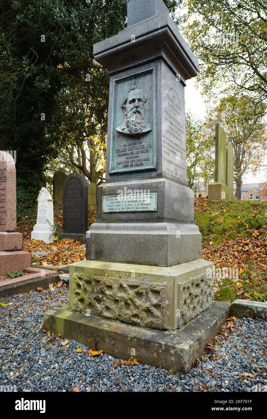 Gravestone at Manor Road cemetery in Scarborough of Thomas Whittaker JP a temperance advocate who died in 1899 aged 86 years. Stock Photo