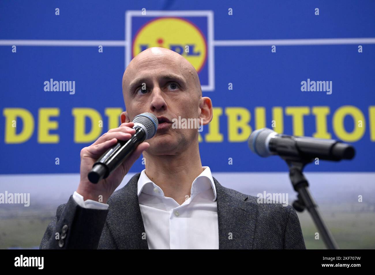 Matthias Deleu CEO Director Regional Lidl talks during the inauguration of  the Lidl distribution centre in La Louviere, Wednesday 16 November 2022, in  La Louviere. The new Lidl distribution centre will supply