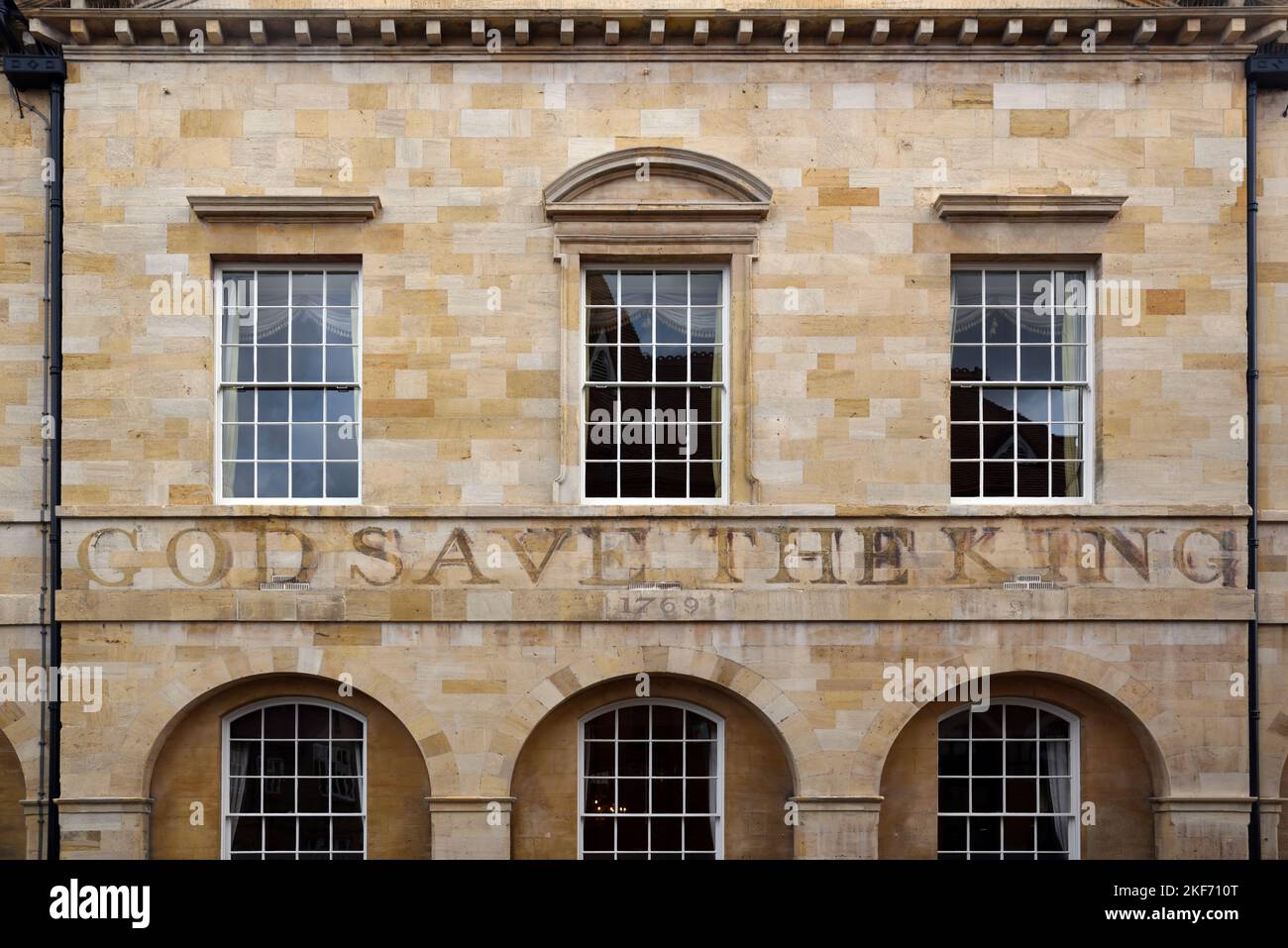 God Save the King faded lettering of British National Athem or Royal Anthem dated 1769 on Town Hall Stratford-upon-Avon England Great Britain or UK Stock Photo