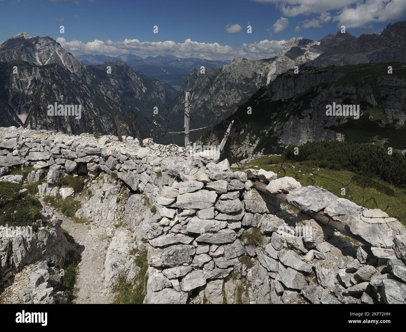 barbed wire near world war trench landscape moiuntain dolomites Stock Photo