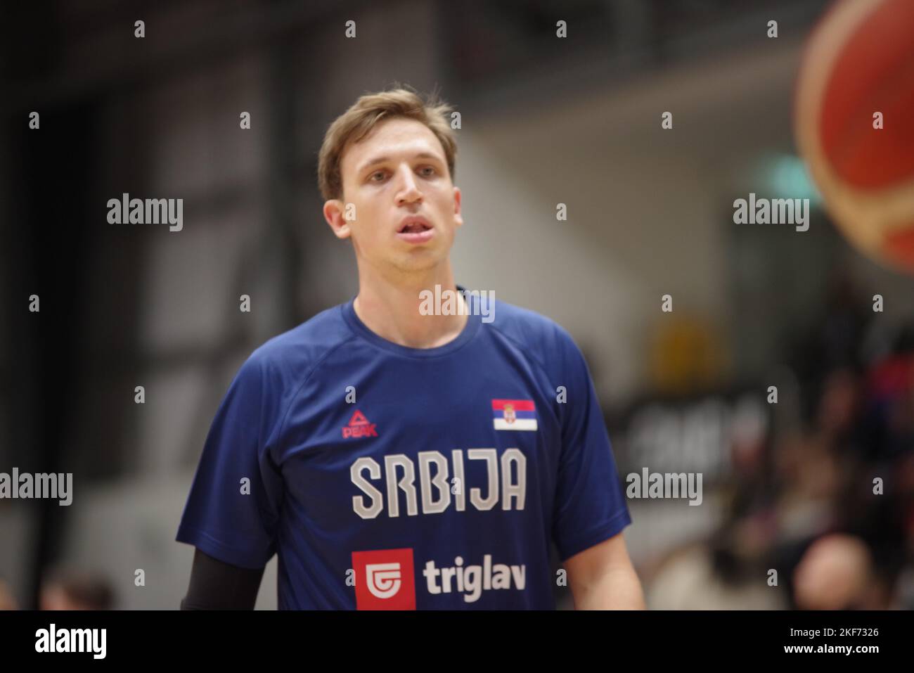 Newcastle upon Tyne, England, 11 November 2022. Aleksa Radanov warming up for Serbia against Great Britain in the FIBA Basketball World Cup 2023 Qualifiers at the Vertu Motors Arena. Credit: Colin Edwards Stock Photo