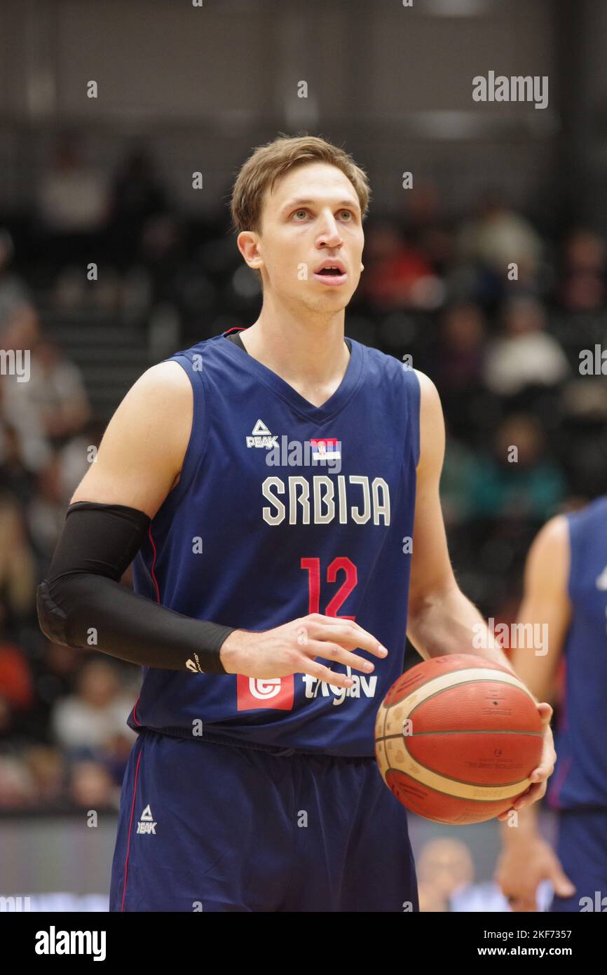 Newcastle upon Tyne, England, 11 November 2022. Aleksa Radanov playing for Serbia against Great Britain in the FIBA Basketball World Cup 2023 Qualifiers at the Vertu Motors Arena. Credit: Colin Edwards Stock Photo