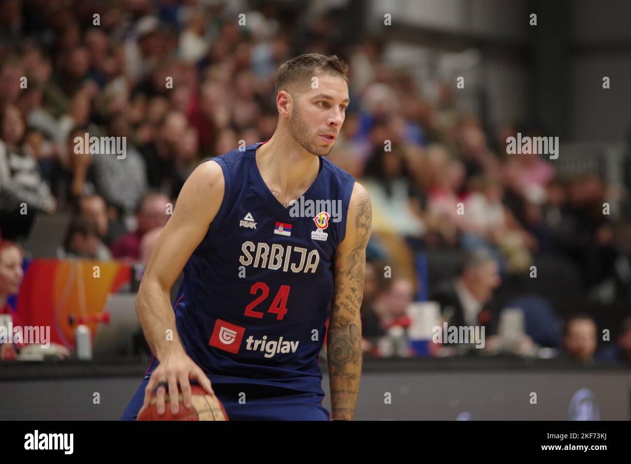 Newcastle upon Tyne, England, 11 November 2022. Stefan Jovic playing for Serbia against Great Britain in the FIBA Basketball World Cup 2023 Qualifiers at the Vertu Motors Arena. Credit: Colin Edwards Stock Photo