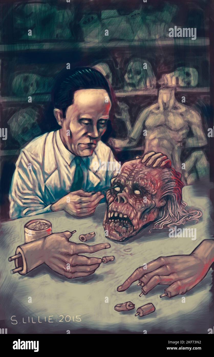 Horror art work of a man working on body parts inspired by HP Lovecraft 's The Horror in the Museum, which was ghostwritten for Hazel Heald in 1932. Stock Photo