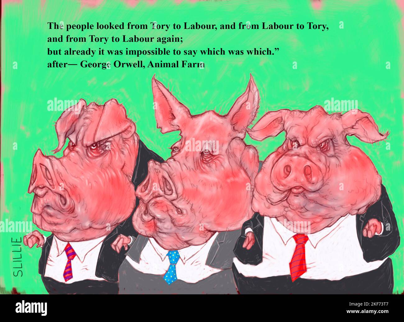 Satirical art 3 pigs, with quote inspired by Animal Farm. Concept: in trying to win Tory voters, Labour & Conservatives have become indistinguishable. Stock Photo