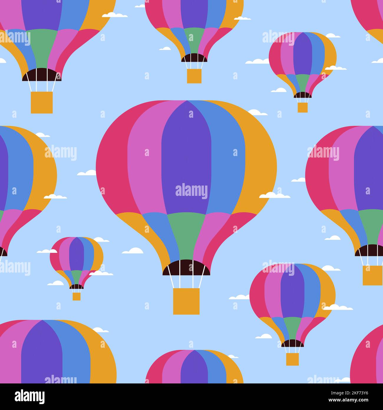 Colorful hot air balloons on the blue sky seamless pattern vector.  Wallpaper, wrapping paper, textile print design. Stock Vector