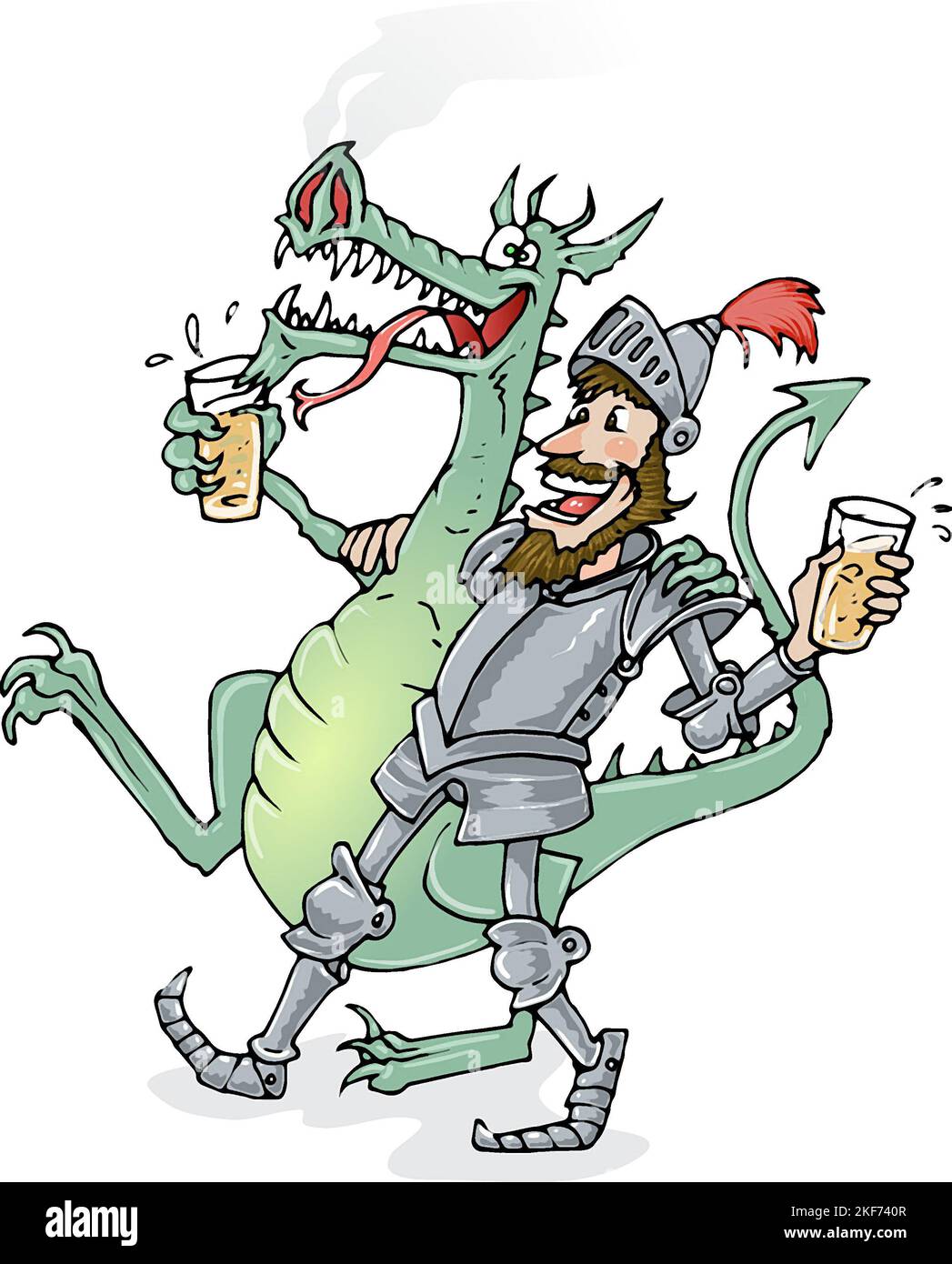 Funny humorous cartoon of knight in armour & dragon, arm in arm, enjoying a pint, alternative George & the Dragon, best friends, fantasy illustration Stock Photo